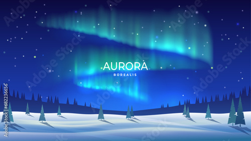 Beautiful arctic aurora in the night sky. Bright aurora borealis. Winter landscape in the northern regions. Snowy valley. Spruce trees in snowdrifts. Vector image. Design background, banner, postcard.