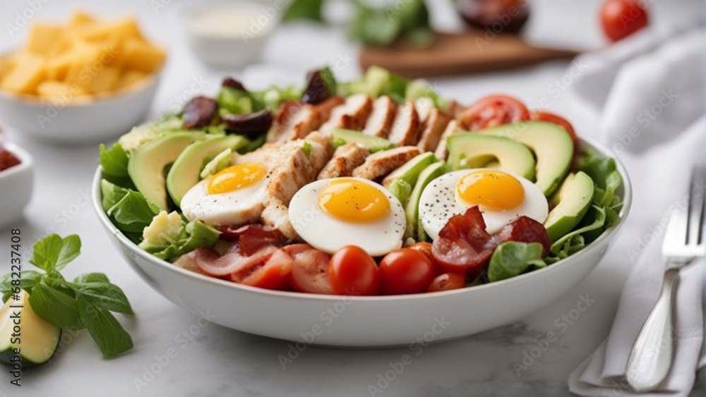 Cobb salad on a plate on a white background Ai Generative