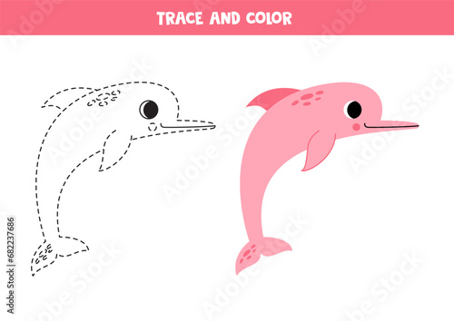 Trace and color cartoon pink river dolphin. Worksheet for children.
