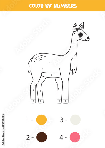 Color cartoon vicuna by numbers. Worksheet for kids.