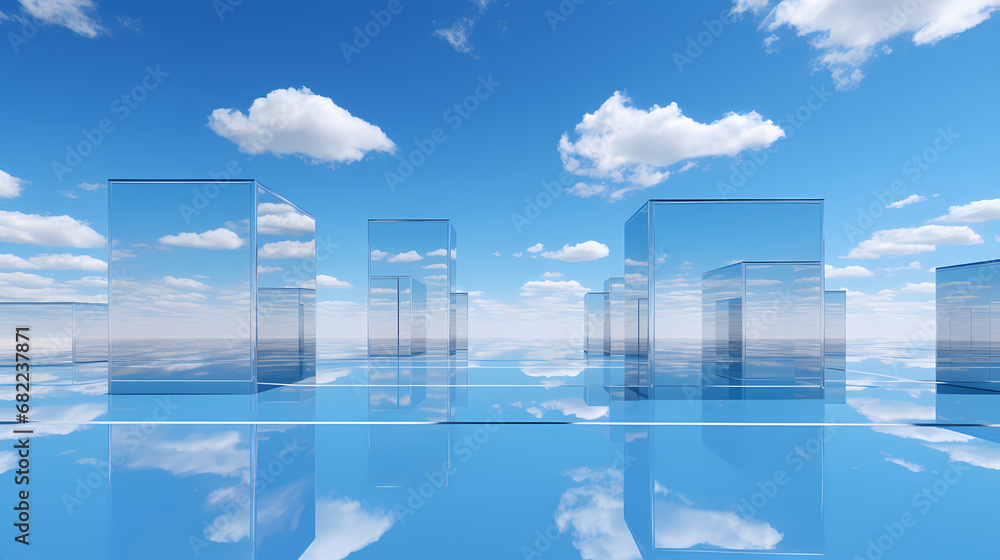 Bright blue sky, white clouds, high hanging large mirror background poster web page PPT