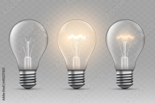 Electric incandescent light bulbs mockups. Vector collection. Template isolated on transparent background.