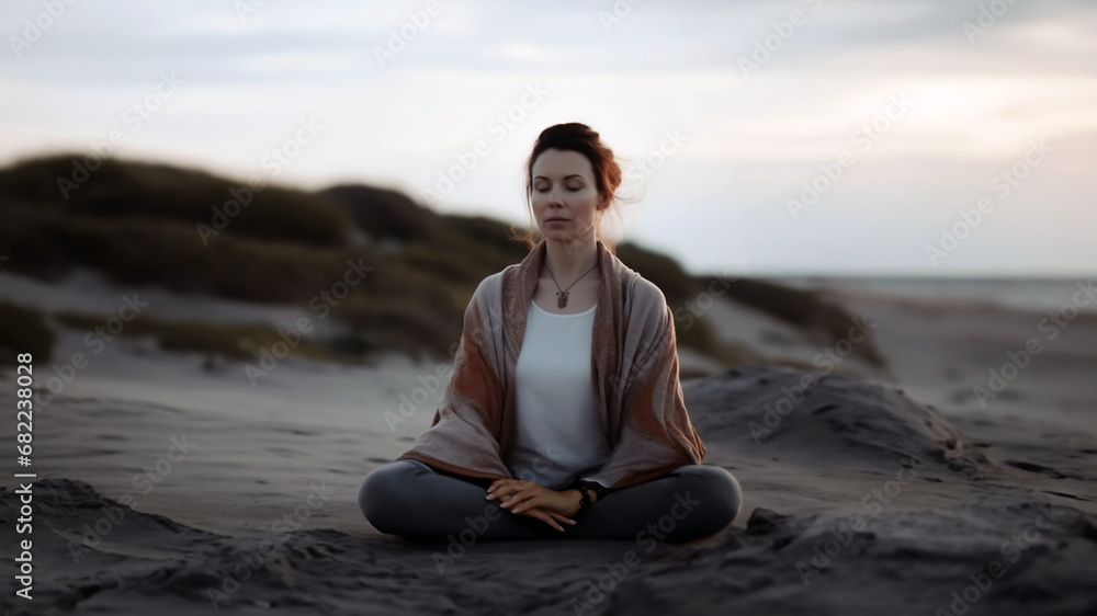 A serene figure in meditation, a beautiful woman practices yoga at dawn on the ocean's edge. Concept of peace and harmony with nature, inner calm, mindfulness, wellness, self-care and feminine grace