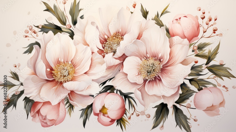  a painting of a bouquet of pink flowers with green leaves and buds on a white background with watercolor splashes on the bottom half of the image and bottom half of the image. - obrazy, fototapety, plakaty 