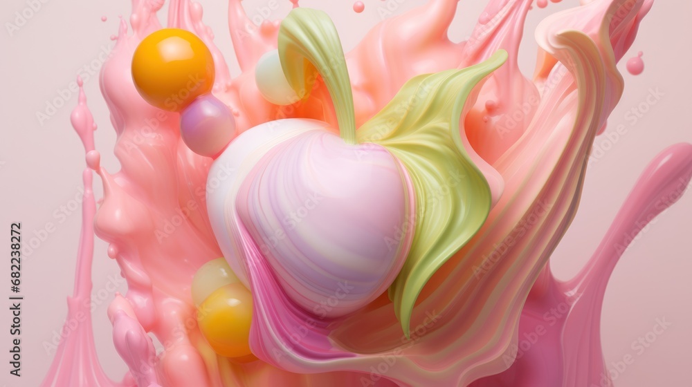 a mixture of liquid and a heart shaped object in the middle of a pink, orange, yellow, and green liquid streaming down the center of the image. a mixture of liquid and a heart shaped object in the middle of a pink, orange, yellow, and green liquid streaming down the center of the image.