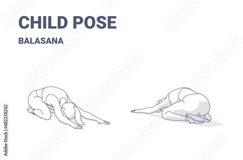 Childs Pose Exercise, Female Workout Outlined Guidance for Balasana Yoga Asana photo