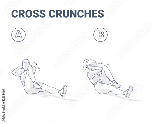 Cross Crunches Abs Exercise or Bicycles Outlined Illustration.