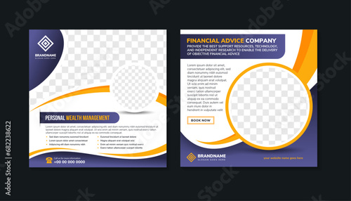 financial advice company social media post template with  space for photo collage, layout template with geometric background design in white color. purple and yellow elements. Vector illustration