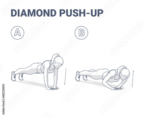 Diamond Push-Ups Woman Exercise Black and Wite Outlined Guide.