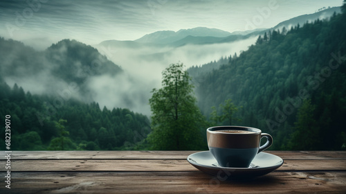 Coffee cup on wooden table in the mountains with fog