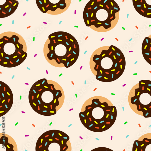 Chocolate sprinkle donuts, chocolate glazed doughnuts seamless pattern. Abstract background. Suitable for design, wrapping paper, covers etc. Vector illustration.