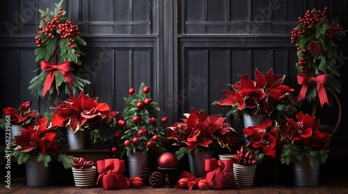 Luxurious Christmas display with vibrant poinsettias and decorated trees in a festive indoor setting. Traditional holiday decor with red poinsettias and green garland against dark wood paneling.