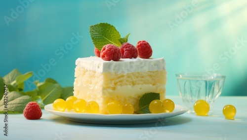 A Delicious Slice of Cake Topped with Fresh Raspberries photo