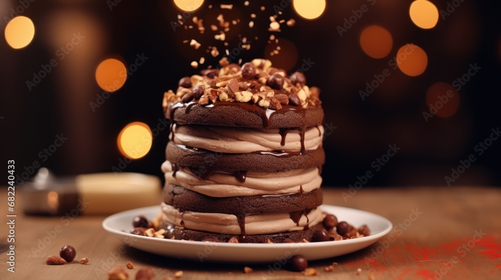  a close up of a cake on a plate on a table with lights in the background and a candle in the middle of the plate and a few pieces of the cake on the plate.