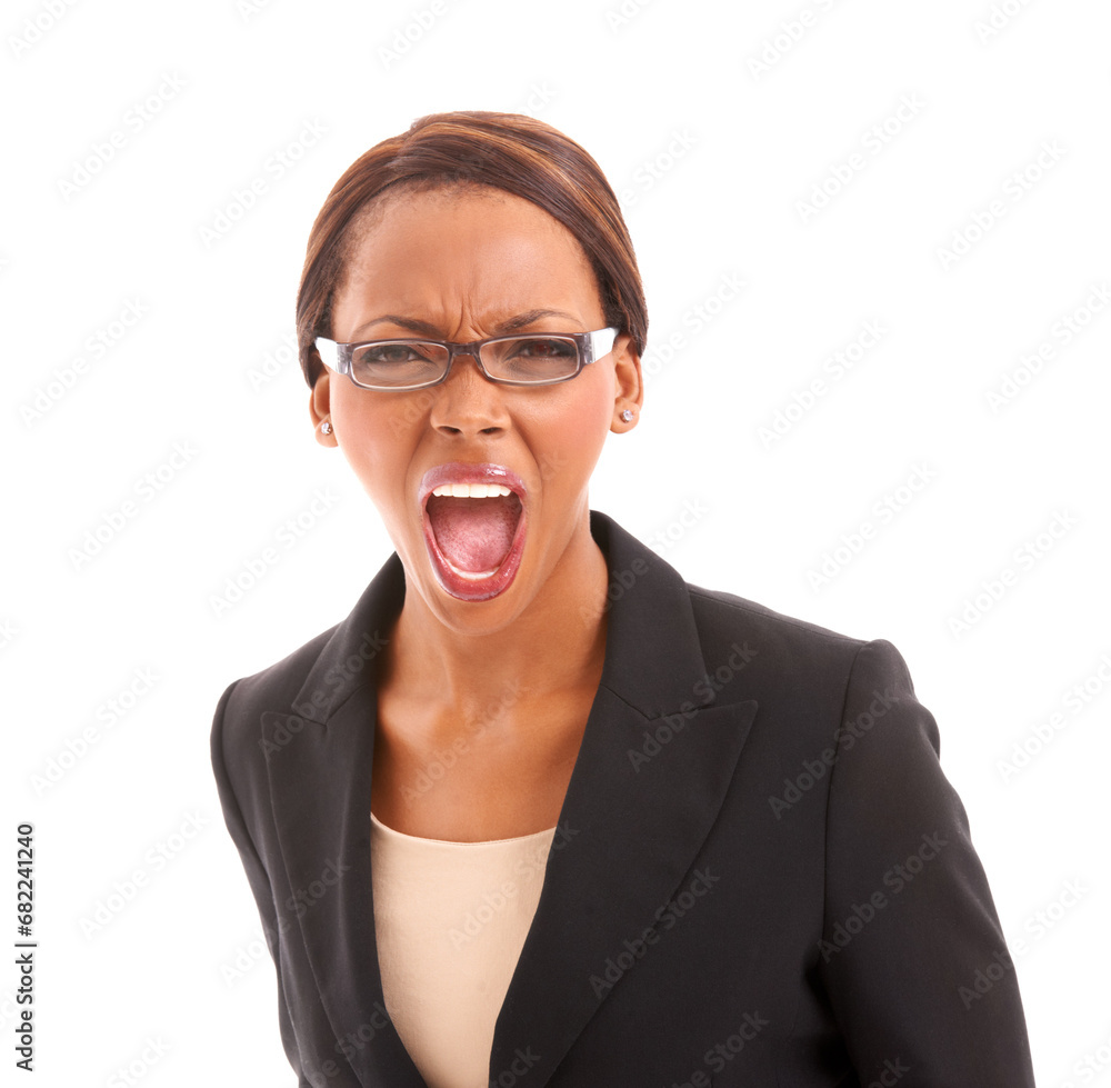 Portrait, screaming and black woman with business, angry and employee isolated on a white studio background. Face, African person or worker with stress, frustrated and shouting with crisis or emotion