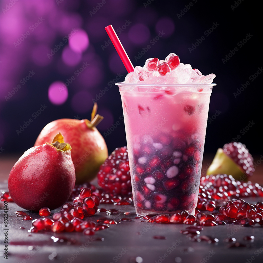 Promo photo of tapioca bubble lemonade with pomegranate and strawberry, purple-gray colors in the background created with Generative Ai Promo photo of tapioca bubble lemonade with pomegranate and strawberry, purple-gray colors in the background created with Generative Ai