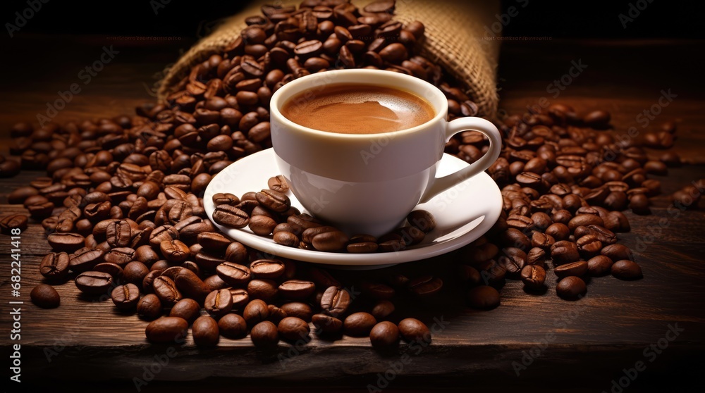 cup of coffee with coffee beans. cup of coffee with coffee beans.