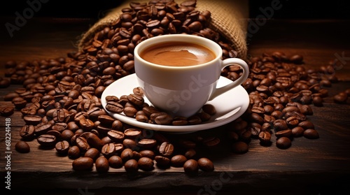 cup of coffee with coffee beans. 