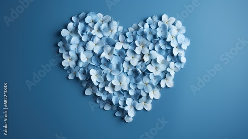  a heart shaped arrangement of blue flowers on a blue background with a place for the text on the left side of the image is a blue background with a few white flowers.