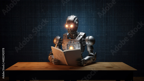 Artificial intelligence algorithm training or AI  system update with robot sitting at desk and reading an instruction manual photo