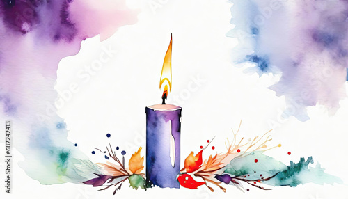 Beautiful christmasa advent candle painting with copy space in purple and green on white photo