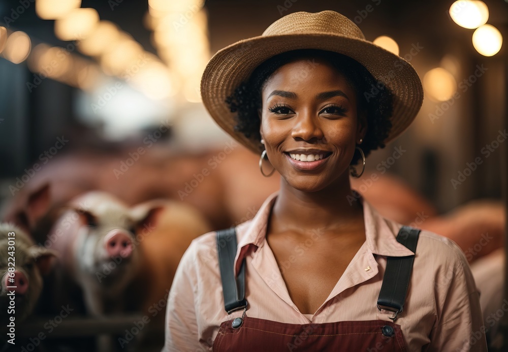Beautiful black women become pig farmer, inside ranch pig on the background - obrazy, fototapety, plakaty 