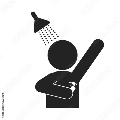 Isolated black pictogram icon of man shower, for sign shower before entering pool, washroom, shower room, rest room, hotel, public area, swimming pool and other