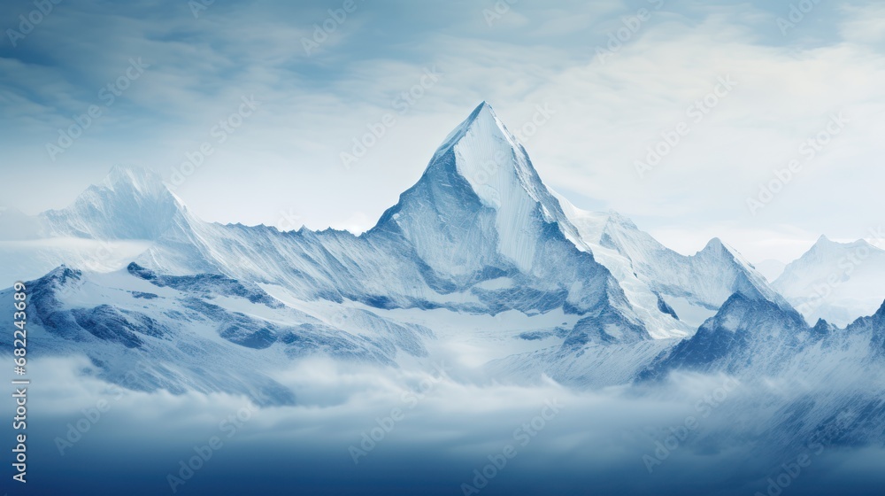 Fototapeta premium a very tall mountain covered in snow in the middle of a cloud filled sky with a plane flying over the top of the mountain in the foreground of the picture.