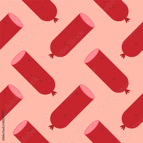 sausage seamless pattern. Background meat product raw smoked sausage stick and slices. Meat delicacy print, vector illustration 