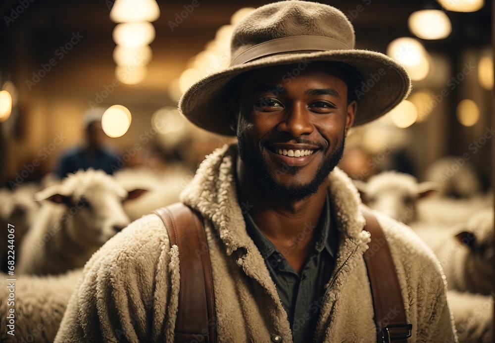 handsome black men become sheep farmer, inside ranch sheep on the background handsome black men become sheep farmer, inside ranch sheep on the background