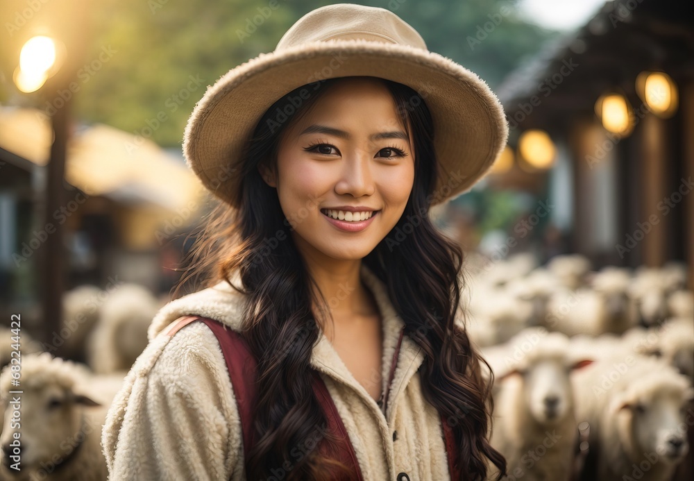 Beautiful asian women become sheep farmer, inside ranch sheep on the background