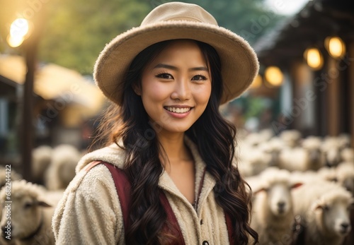 Beautiful asian women become sheep farmer, inside ranch sheep on the background © MochSjamsul