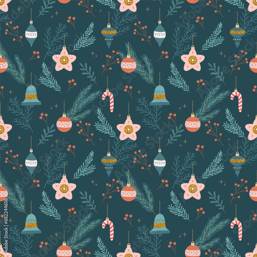 Christmas seamless pattern with tree decorations. Seasonal winter design. Cute vector illustration in flat cartoon style © Biscotto Design