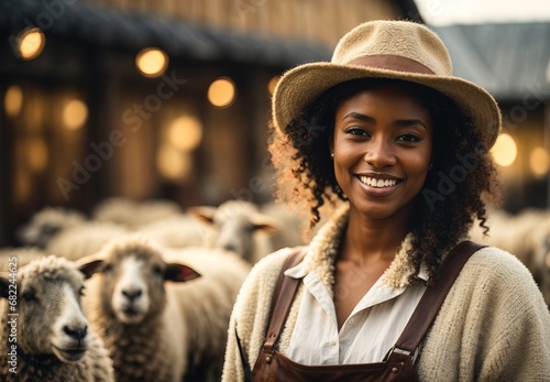 Beautiful black women become sheep farmer, inside ranch sheep on the background photo