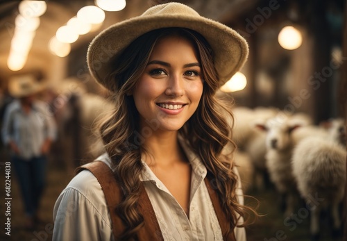 Beautiful white women become sheep farmer, inside ranch sheep on the background © MochSjamsul