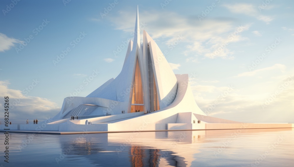 Obraz premium A Majestic White Building Reflecting on the Serene Waters