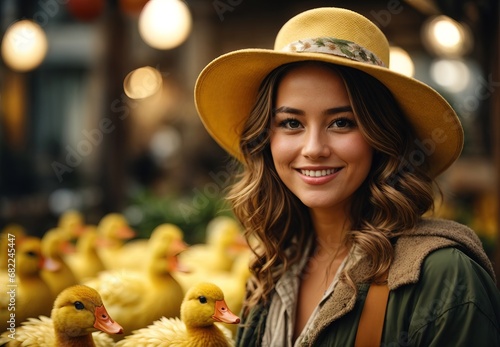 Beautiful white women become duck farmer, ranch duck on the background