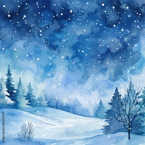 Winter landscape with trees and snowflakes. Watercolor illustration.