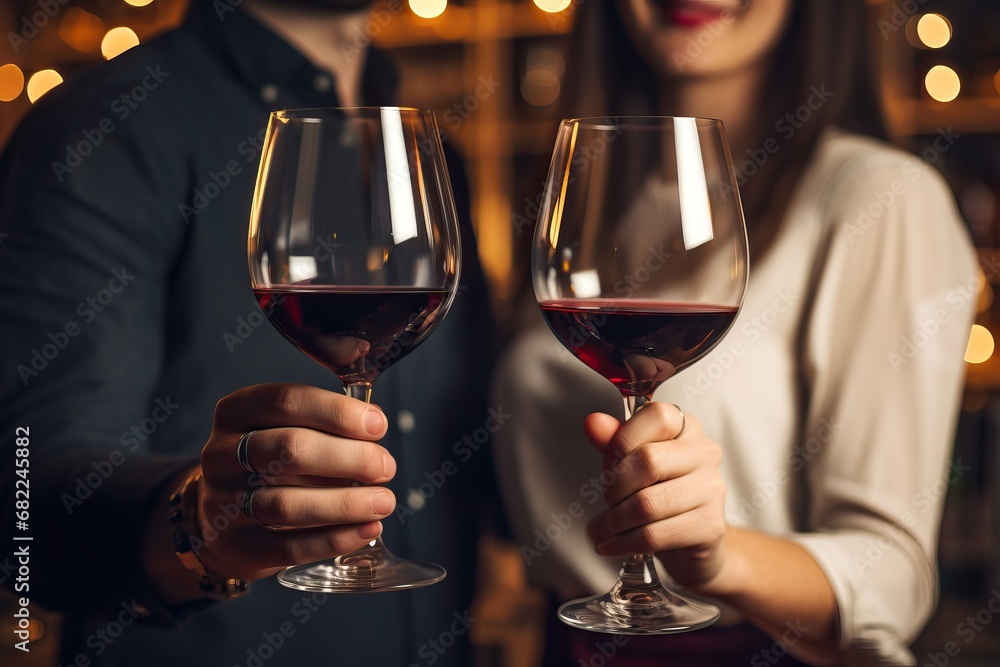 A closeup of a couple celebrating, wine glasses closeup