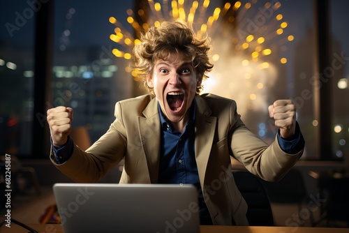 Happy Young Man Celebrating with Joy and Excitement After Winning a Prize on His Laptop