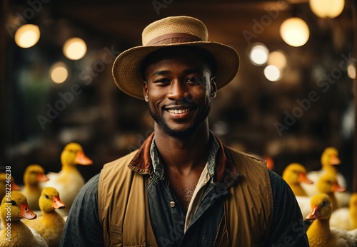 Handsome black men become duck farmer, ranch duck on the background