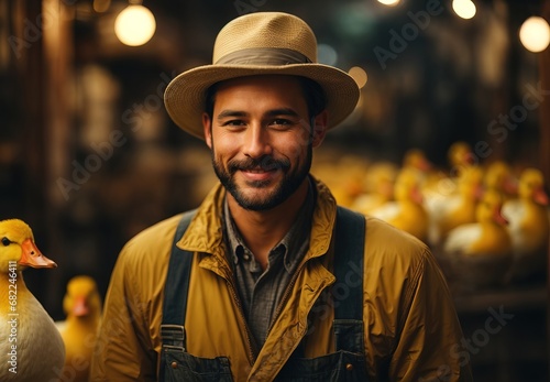 Handsome white men become duck farmer, ranch duck on the background