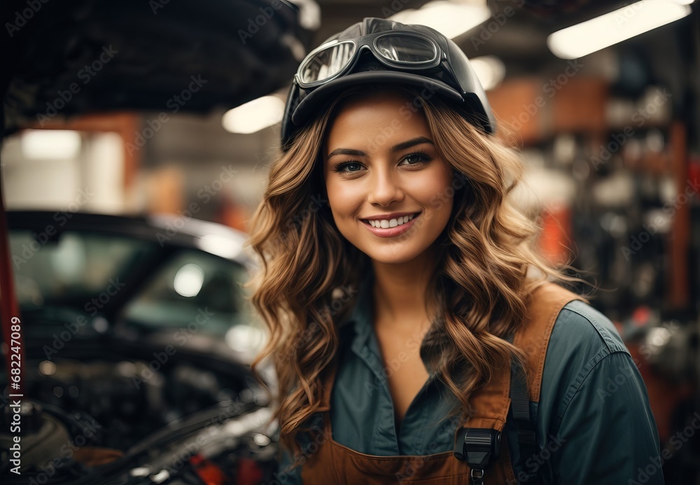 Women doing mechanic for car, wearing mechanic costume, car and mechanic tool on the background Women doing mechanic for car, wearing mechanic costume, car and mechanic tool on the background