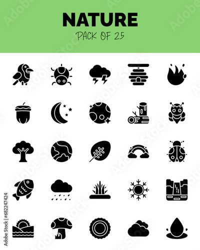 set of Nature Glyph icons for logo   web. Vector illustration