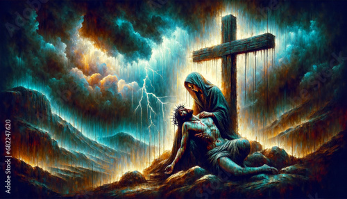 Eternal Agony at Golgotha: Sorrow of Mary at the foot of the cross Holding the Crucified Body of Jesus Christ