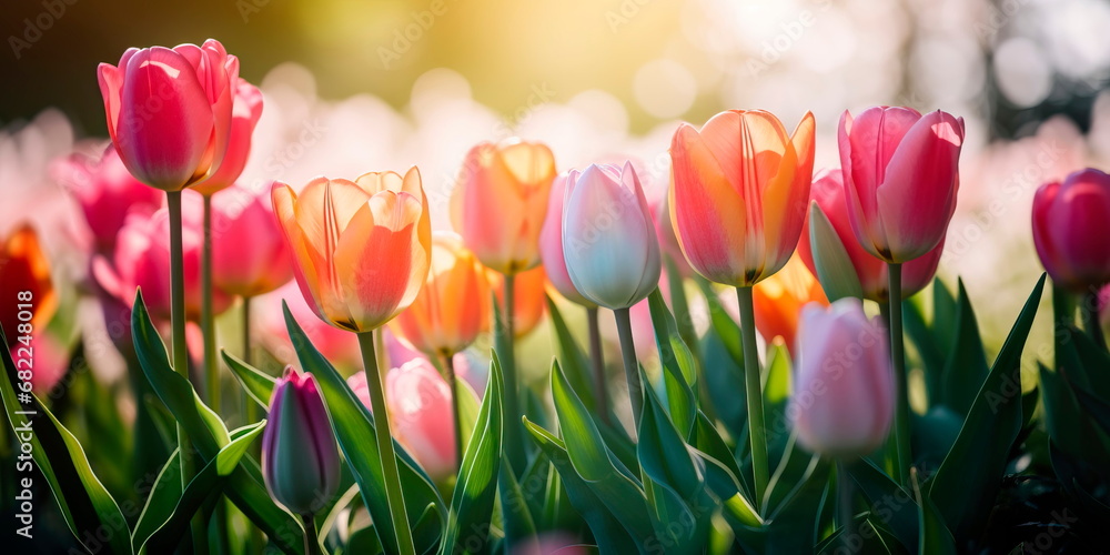 showcasing a wonderland of tulips in different shades, creating a visually captivating spring-themed background. - obrazy, fototapety, plakaty 