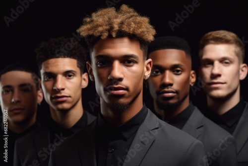 Group of young men standing next to each other. This versatile image can be used to represent friendship, teamwork, diversity, or social gatherings photo