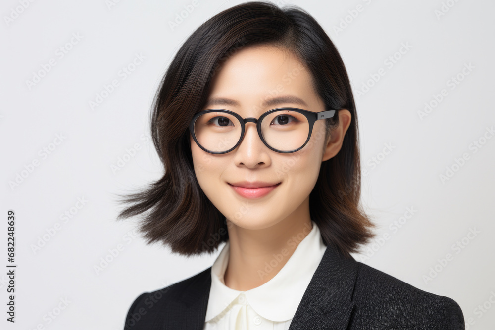 Professional woman wearing suit and glasses poses for picture. This versatile image can be used in various business and corporate contexts