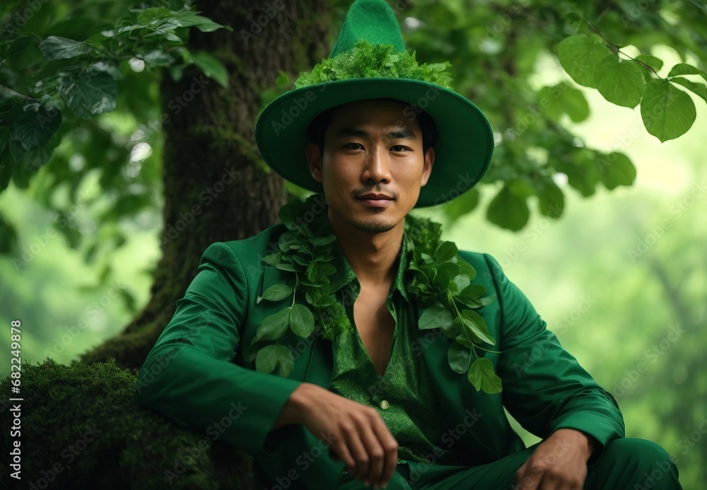 Asian men sit in top of tree, wearing green leaf costume and hat, tree on the background