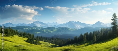The breathtaking beauty of the summer landscape is enhanced by the lush green trees that dominate the forest background, while the blue sky above and the majestic mountains distance create a © 2rogan
